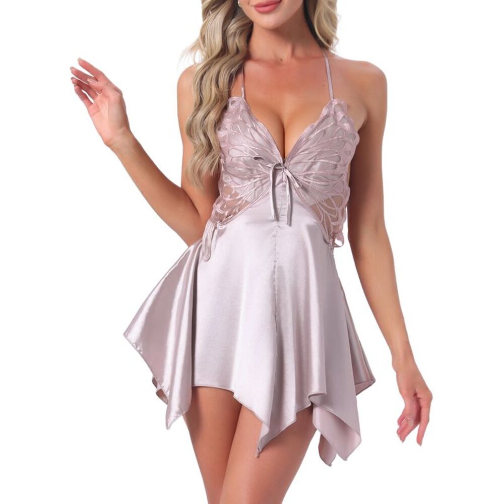 Women's Satin V Neck Halter Open Back Cami Teddy Lingerie Purple